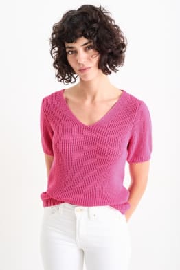 Pletený svetr s výstřihem ve tvaru V - s krátkým rukávem