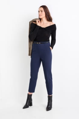 Plátěné kalhoty s páskem - high waist - tapered fit