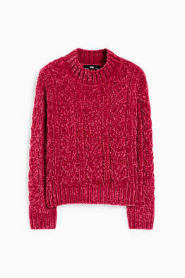 Chenille-Pullover mit Zopfmuster