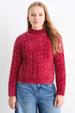Chenille-Pullover mit Zopfmuster