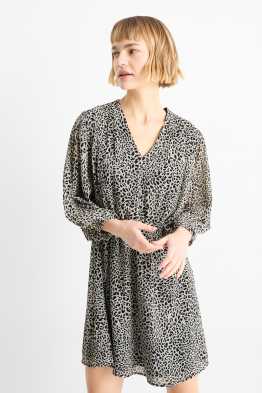 Vestido de chifón con escote en pico - estampado de leopardo - con textura