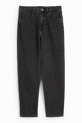 Tapered jeans cu ștrasuri - talie înaltă
