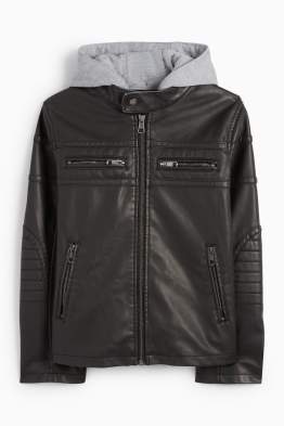 Biker jacket with hood - faux leather
