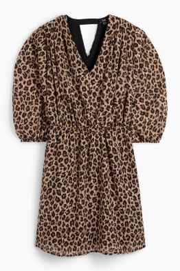 Kleid mit V-Ausschnitt und Ballonärmeln - Leo-Print