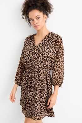 Kleid mit V-Ausschnitt und Ballonärmeln - Leo-Print