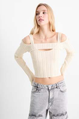 Komplet - krótki top i bardzo krótki sweter w prążki - 2 części