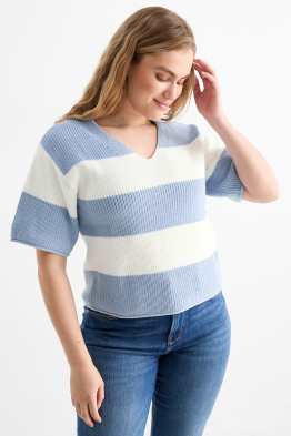 Jersey de punto con escote en pico - manga corta - de rayas
