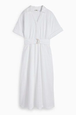 Blousejurk met V-hals en ceintuur - Broderie Anglaise