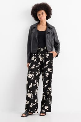 Pantaloni - vita alta - taglio ampio - a fiori - tessuto tramato