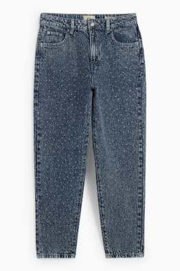 Mom jeans with rhinestones - high waist