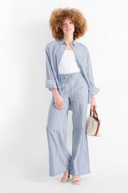 Pantalon - high waist - wide leg - linnenmix - gestreept