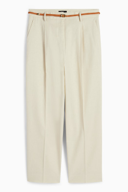 Stoffhose mit Gürtel - Mid Waist - Tapered Fit - Leinen-Mix
