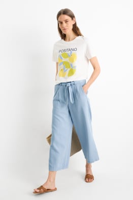 Cloth trousers - high-rise waist - wide leg - denim look