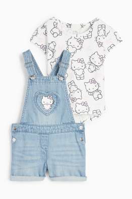 Hello Kitty - set - tricou cu mânecă scurtă și pantaloni scurți-salopetă denim