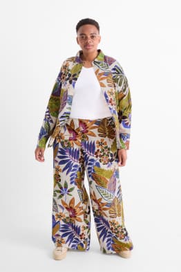 Plátěné kalhoty - high waist - wide leg - se vzorem