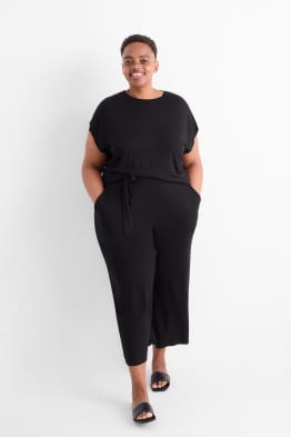 Žerzejové kalhoty - mid waist - wide leg