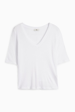 Basic-T-Shirt mit V-Ausschnitt - Regular Fit - gerippt