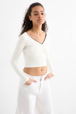 Cropped long sleeve top - ribbed