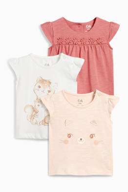 Multipack 3er - Blümchen und Kätzchen - Baby-Kurzarmshirt
