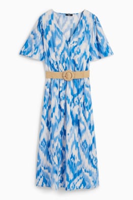 Viskose-Kleid mit V-Ausschnitt und Gürtel - gemustert