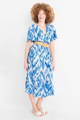Viskose-Kleid mit V-Ausschnitt und Gürtel - gemustert