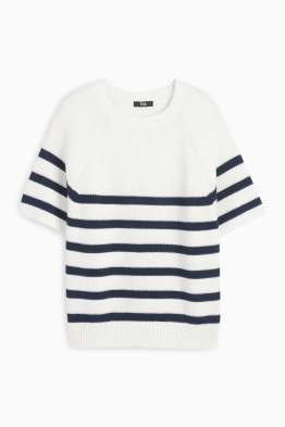 Strickpullover - kurzarm - gerippt - gestreift