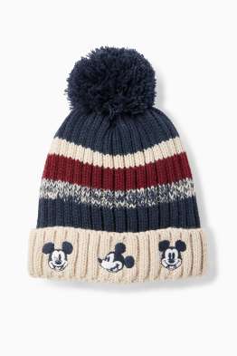 Mickey Mouse - gebreide babymuts met pompon - geribd - gestreept