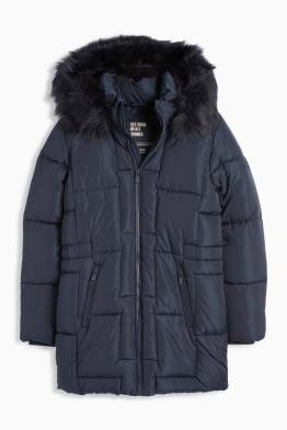 Steppjacke mit Kapuze und Kunstfellbesatz