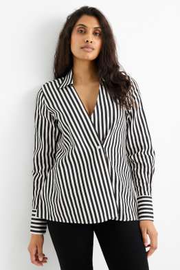 Bluse mit V-Ausschnitt und Leinen-Anteil - gestreift
