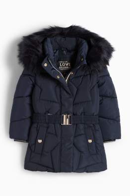 Quilted jacket with hood and faux fur trim