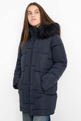 Steppjacke mit Kapuze und Kunstfellbesatz