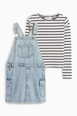 Set - Langarmshirt und Jeans-Latzkleid - 2 teilig