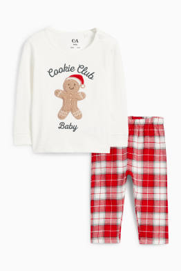 Turtă dulce - pijama cu motive de Crăciun bebeluși, cu pantaloni din flanel - 2 piese