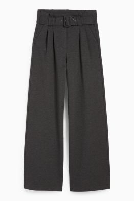Jersey trousers with belt - high-rise waist - wide leg
