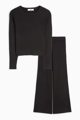Set - long sleeve top and jersey trousers - ribbed - 2 piece