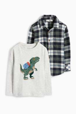 Dinozaur - set - tricou cu mânecă lungă și cămașă din flanel - 2 piese