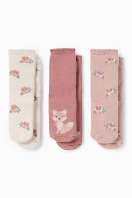 Lot de 3 paires - renards et petites fleurs - chaussettes antidérapantes pour bébé