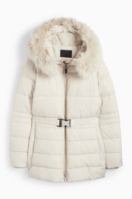 Steppjacke mit Gürtel, Kapuze und Kunstfellbesatz
