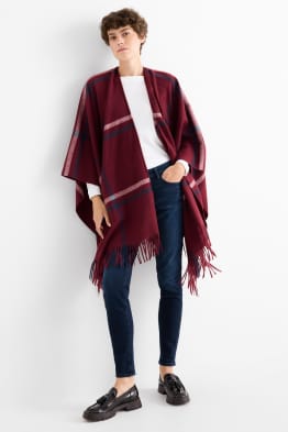 Poncho met franjes - geruit