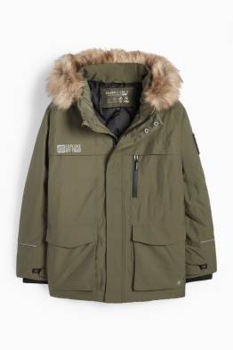 Rain jacket with hood and faux fur trim - lined