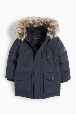 Down jacket with hood and faux fur trim