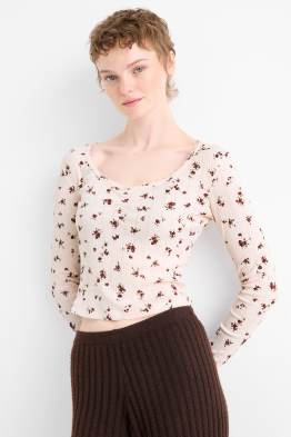 Long sleeve top - slim fit - ribbed - floral
