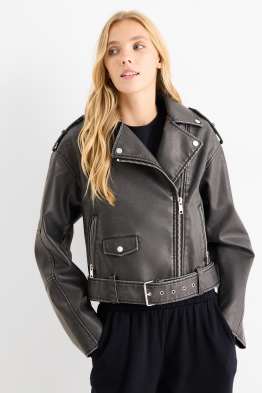 Cazadora biker con cinturón - polipiel