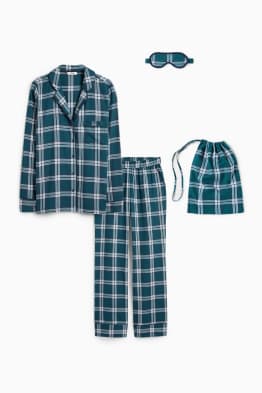 Set - Weihnachts-Flanellpyjama, Schlafmaske und Stoffbeutel
