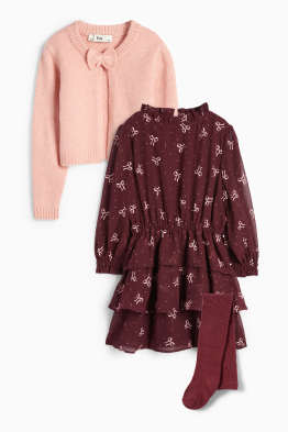 Nœud - ensemble - robe, gilet en maille et collants