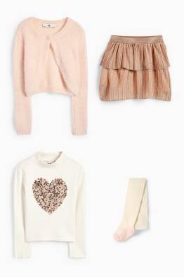 Set - maglia a maniche lunghe, cardigan, gonna e calzamaglia