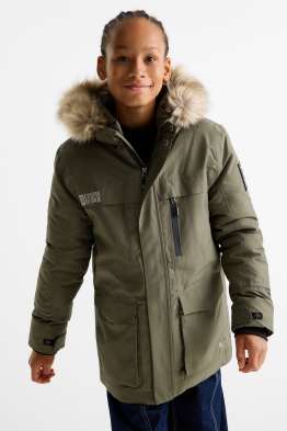 Rain jacket with hood and faux fur trim - lined