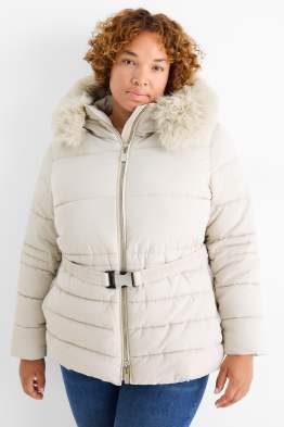 Steppjacke mit Gürtel, Kapuze und Kunstfellbesatz