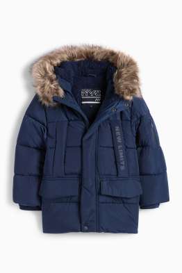 Quilted jacket with hood and faux fur trim