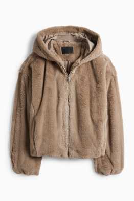 Jachetă din blană artificială cu glugă